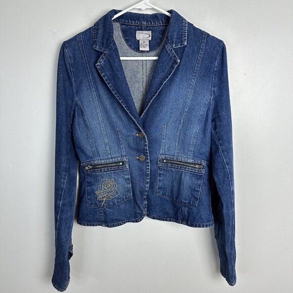 VTG Rave Denim Jacket Junior Sz Med Blue Long-Sleeve Embroidery Pocket Crop 90s - Picture 1 of 10